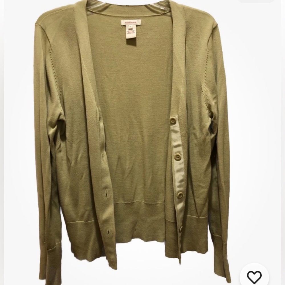 SUNDANCE Catalog Lichen Green “Betty Cardigan” Size MEDIUM Cotton Ribbon Placket